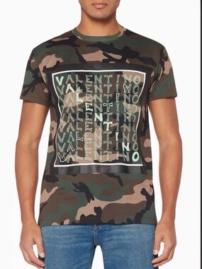 Valentino Dark-Green Camouflage Logo Print T-Shirt Made in Italy Medium